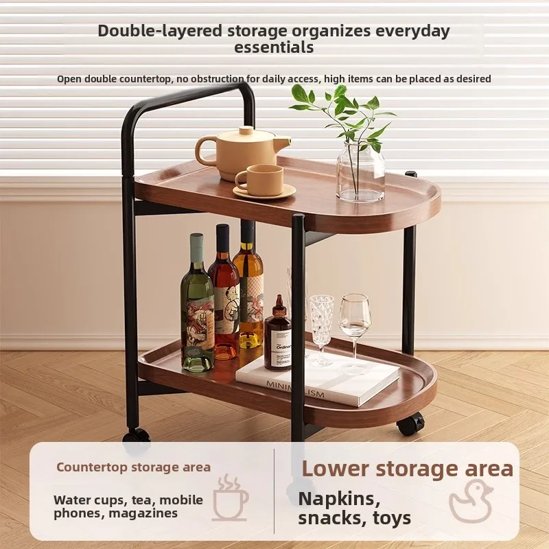 Movable Double-Layer Side Table Round Rolling Tea Coffee Solid Wood Top Metal Frame Compact X Cm Variant Sofa Corner Bedroom