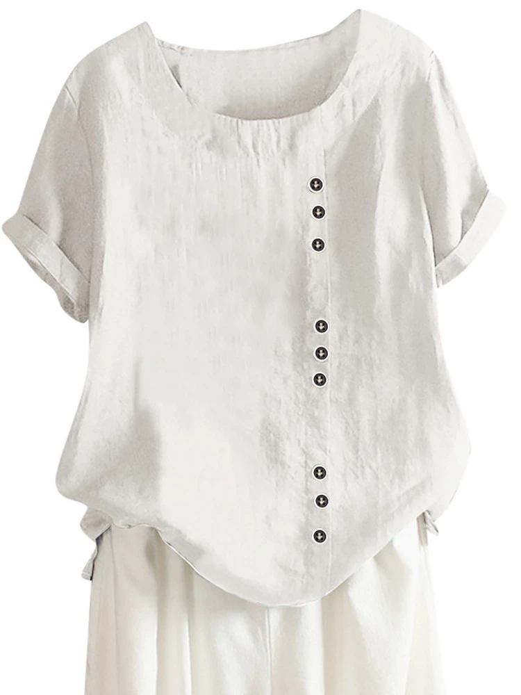 Loose Women's T-irt Pure Color Button up Top Street Sle round Ne ort Sve Casual Fem Faion Summer irt