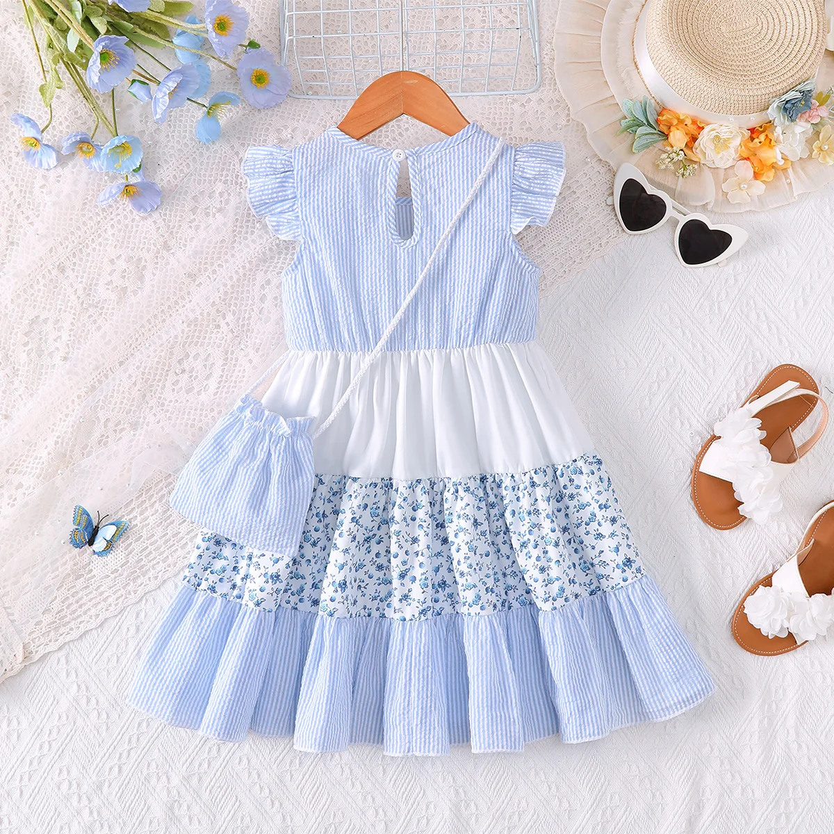 Fashion Kids Girl Summer Dress Set +Bag Blue White Floral Layered Ruffle Sleeveless Sundress For 2-7Y Casual Children Clothes