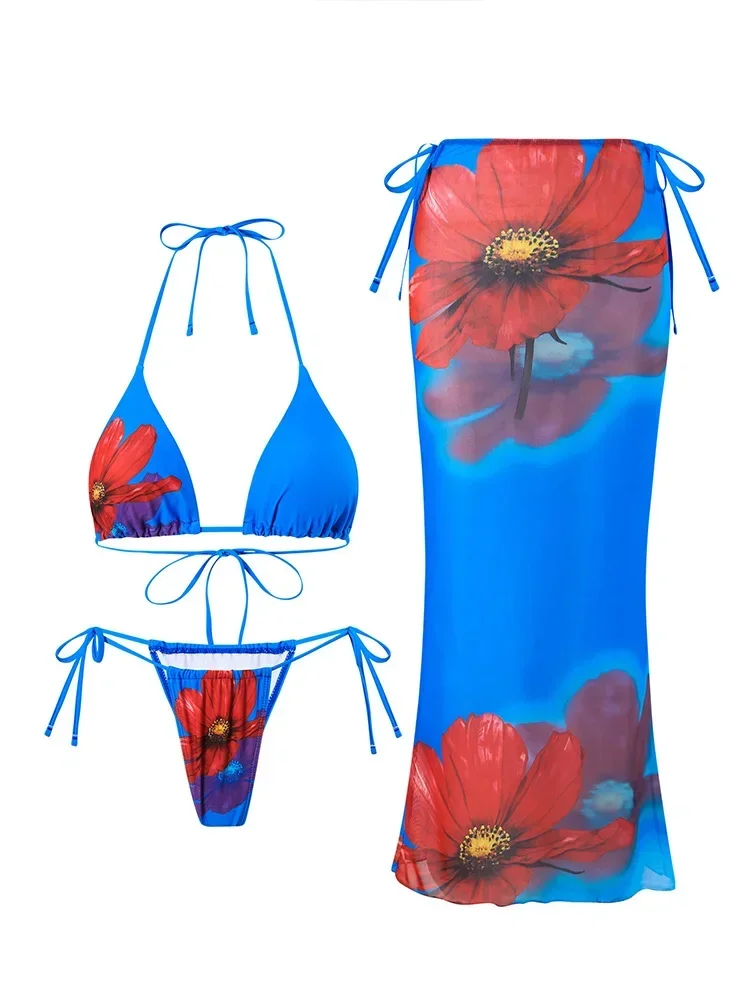 UETEEY 2025 新作 夏用水着 ビキニセット セクシー プリント レースアップ ビキニスカート 3点セット レディース スプリット水着 ビーチ Tバックビキニ