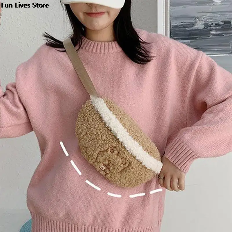 

Women Lovely Bear Bags Plush Waist Pack Kawaii Soft Banana Chest Bag Winter Warm Fur Shoulder Handbags Girls Mini Phone Purse