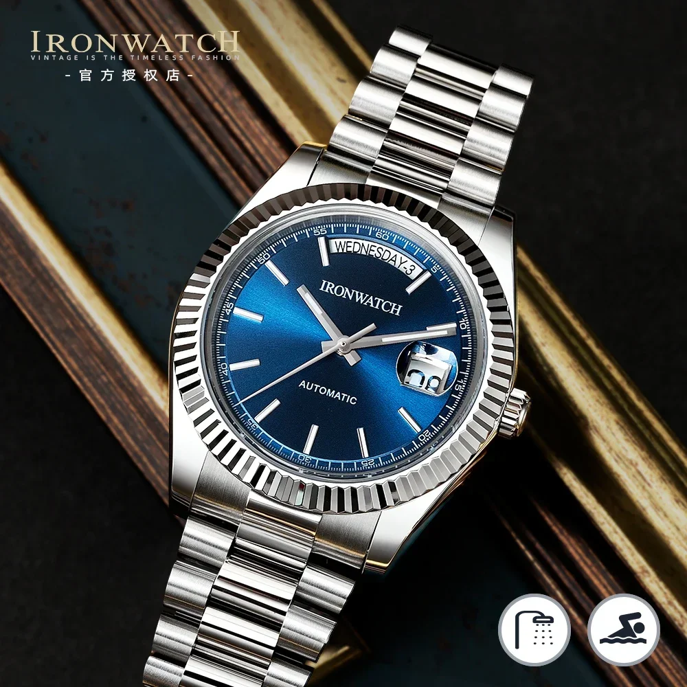 IRONWATCH Mechanical Watch Day-Date 316L Stainless Steel Automatic Movement Fashion Sapphire BGW-9 Luminous Waterproof Watch Men