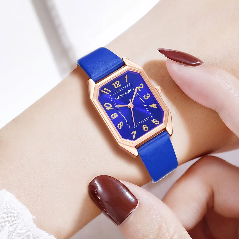 6PCS/Set Blue Women Watch Fashionable Rectangular Dial Quartz Wristwatch PU Leather Strap Watch Square Jewelry Set Gift For Mom