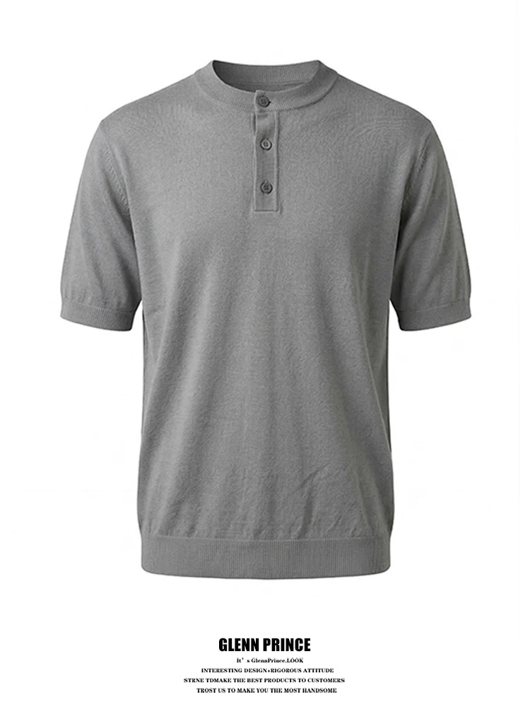 

Cooling Knitted Short Sleeve T-Shirt American Style Henry Collar Pure Color Breathable Casual Basic Hard Man Men's T-Shirt