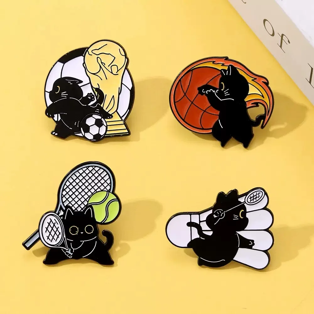

Heye Cartoon Sports Badminton, Basketball, Soccer Cute Black Cat Badge Brooch