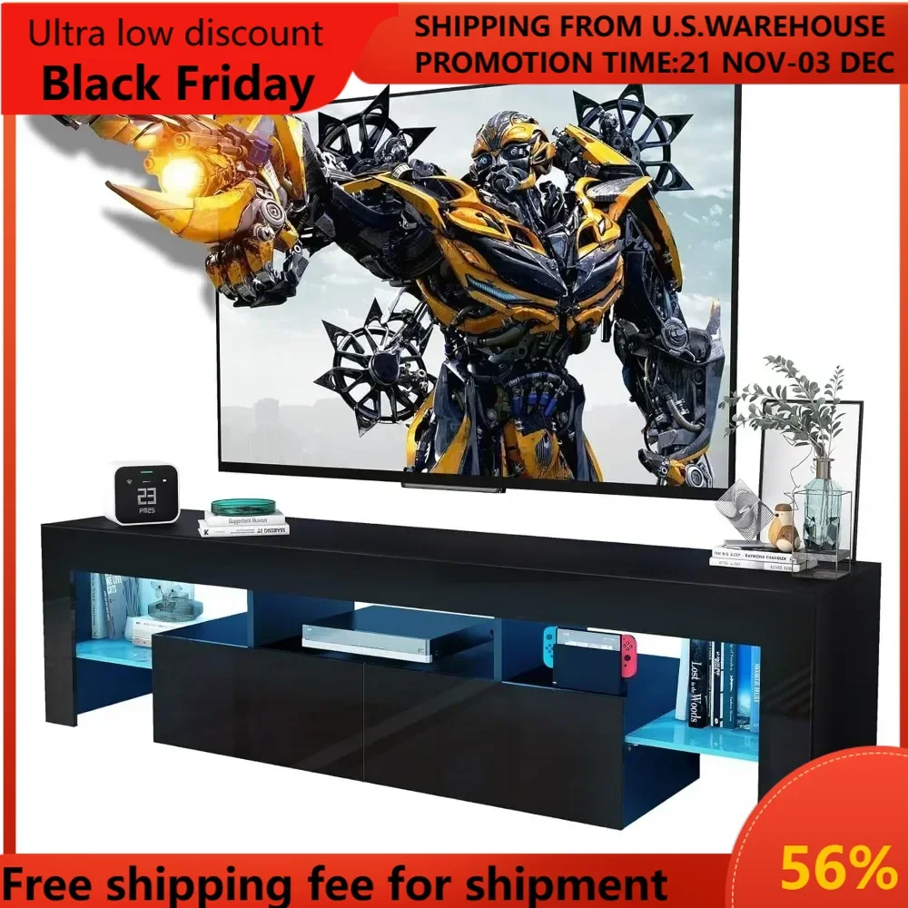 

Black TV Stand, 60 65 70 75 inch Wood TV Stand, High Glossy Entertainment Center with Large Drawers＆Glass Display Shelf