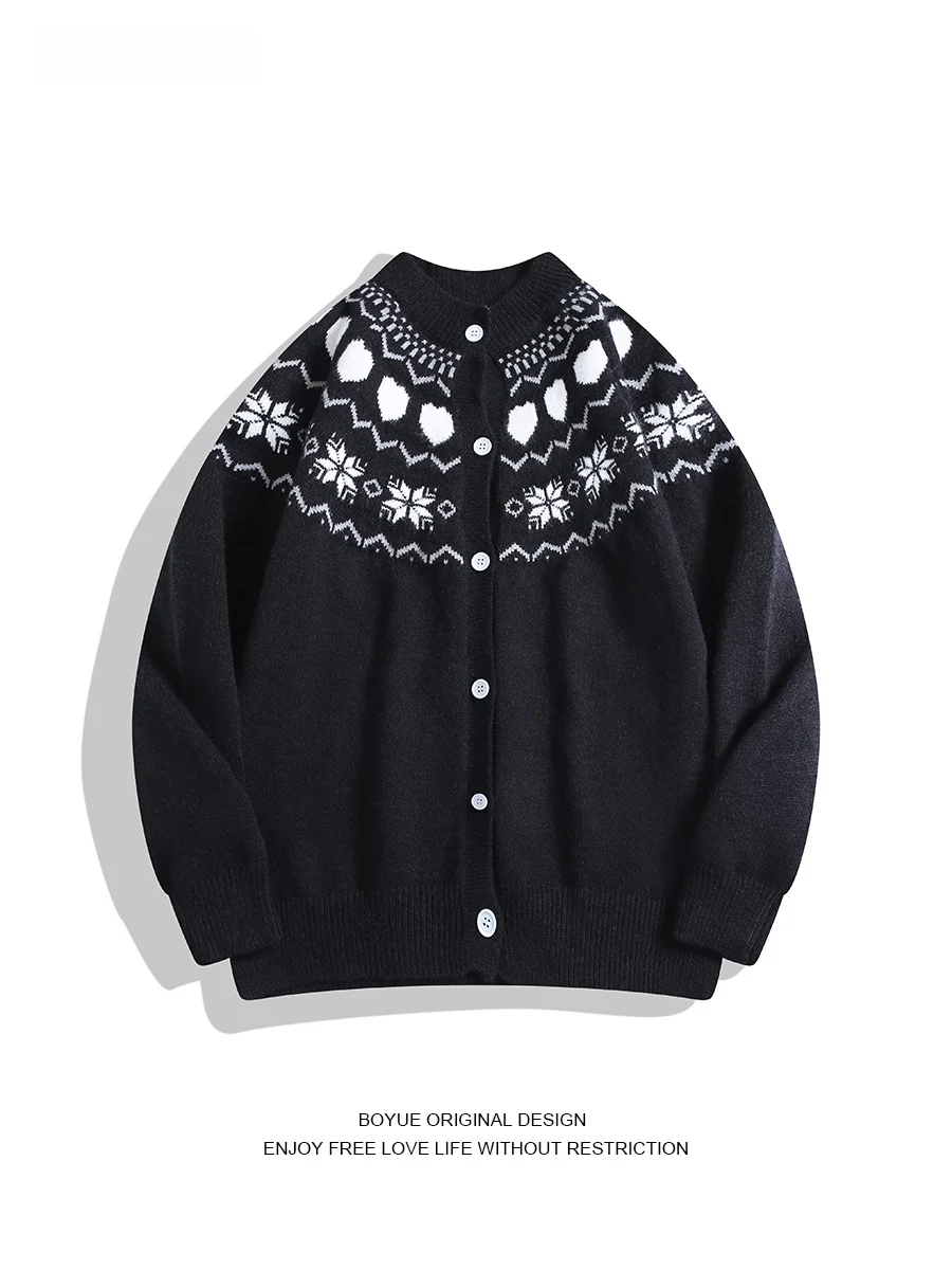 

Boyue Retro Fair Isle Knitted Cardigan Sweater Couple Soft Casual ex Sweater Trendy Long Sve round Ne Warmth