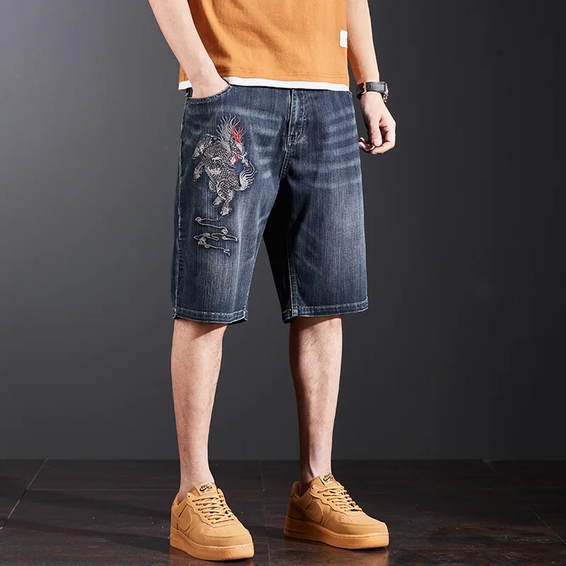 2026 summer new style men's embroidered denim shorts Straight loose large size embroidered shorts denim men's clothing