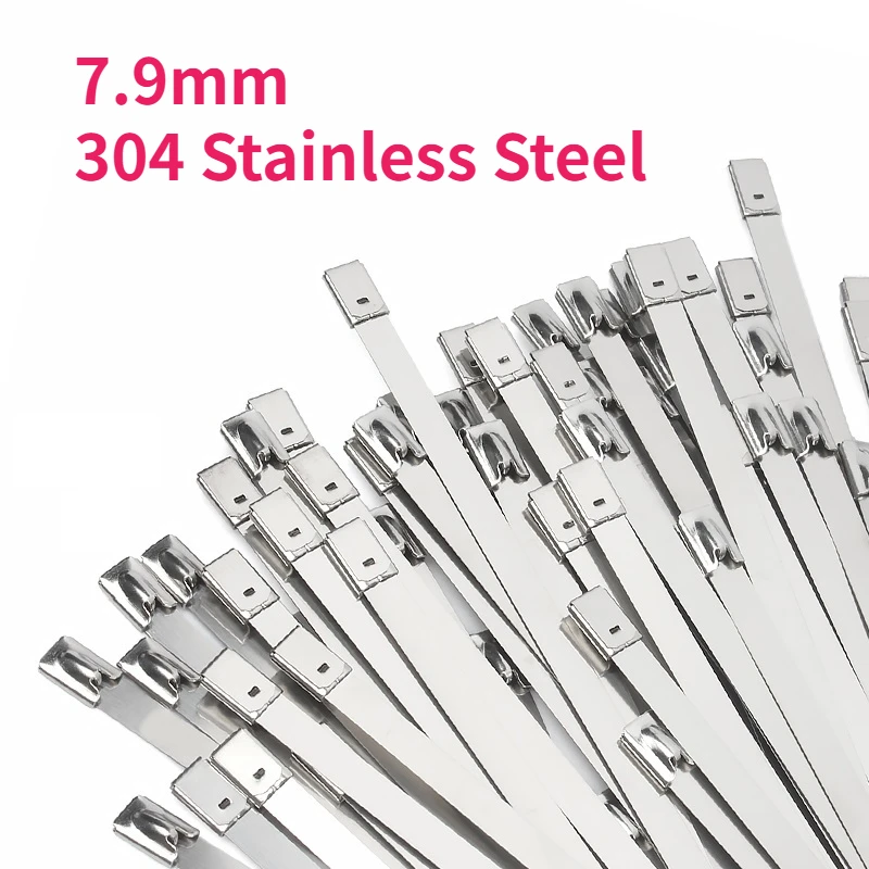 

100PCS 7.9mm 304 Stainless Steel Self-Locking Cable Ties Duty Heat Proof Reusable Metal Zip Ties for Exhaust Pipe Wiring Harness