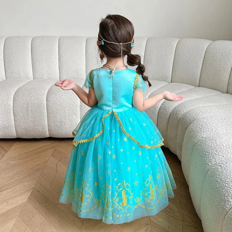 WU01 Jasmine Dress Girl Live Action Movie Aladdin Princess Cosplay Costume Deluxe Lace Sequin Fluffy Gown Kids Birthday ParJk5*！