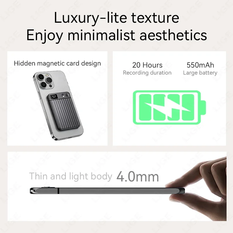 Ultra-thin 550mAh AI Voice Recorder with Transcribe Summarize App Control Audio Recorder Note Take Audio Device for Meeting Call