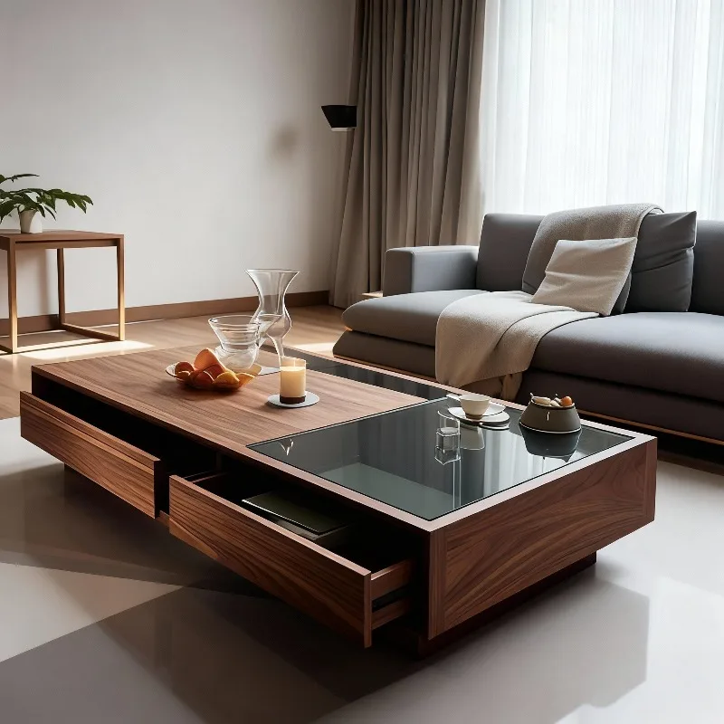 Modern Walnut Wood Coffee Table Glass Top With 2 Storage Drawers Minimalist Living Room Center Tea Table Italian Home Furniture