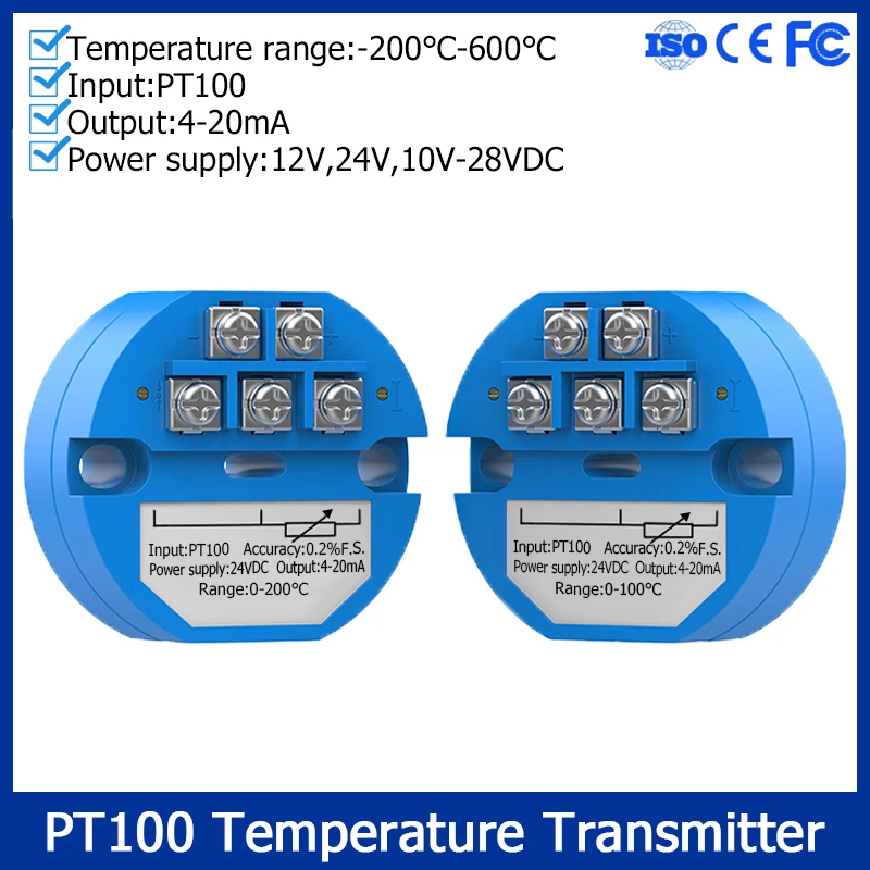 

NEW PT100 Temperature Transmitter -200-650℃ Temperature Detection 4-20mA Output 12V/24VDCPT100 Sensor Transducer