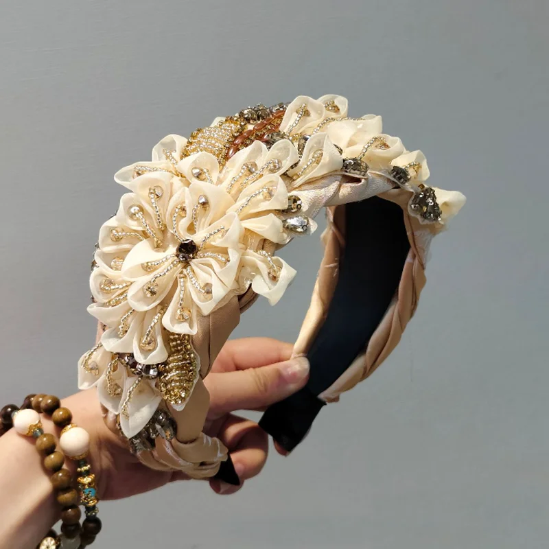 Handmade Fabric Flower Wide Headband Beaded Rhinestone Hair Hoop Hairbands Luxury Party Evening Hair Accessories