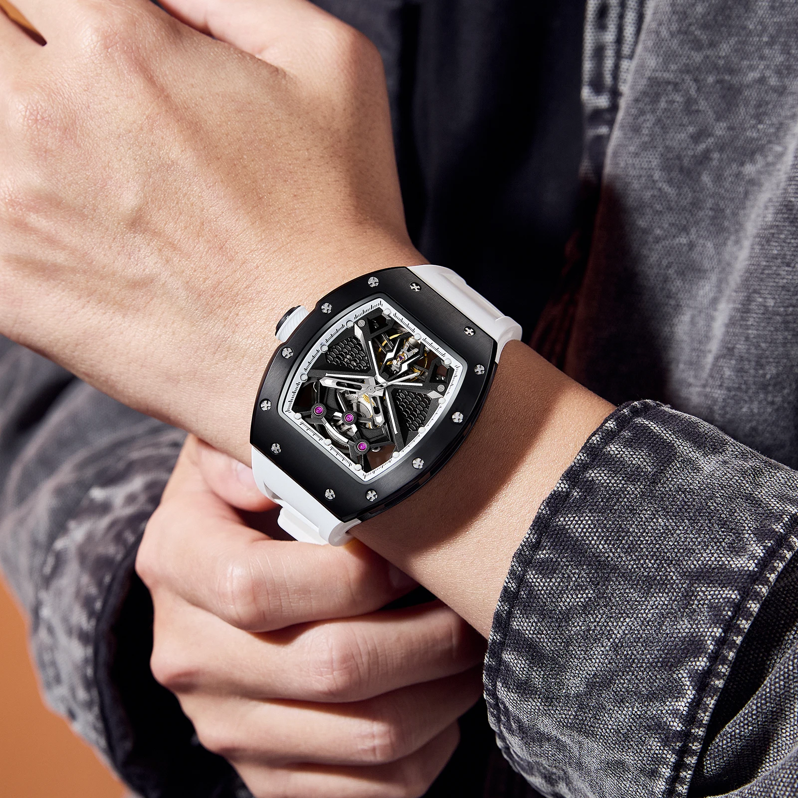 

Dg Brand Automatic Mechanical Men's Watch, Luxury Skeleton Chronograph, Waterproof Men's Mechanical Watch With Carbon Fiber Dial