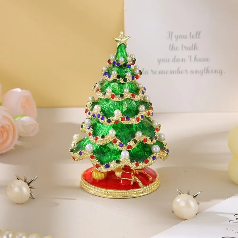 Metal Christmas Tree Ornaments Colorful Pearl Crystal Christmas Decoration Tabletop Decor Enamel Jewelry Storage Box