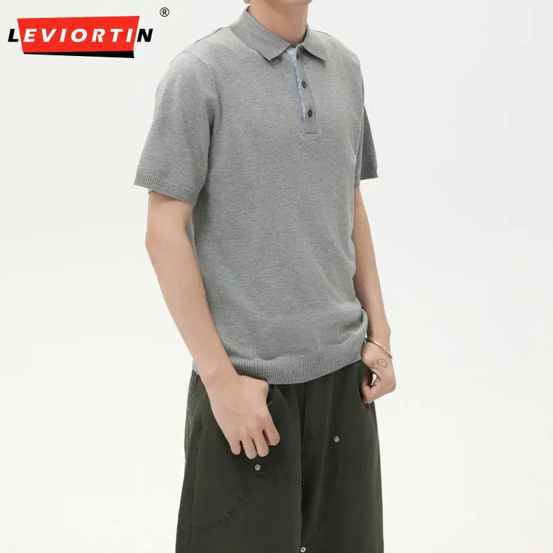 Men's Youth Fashion Solid Color Simple Knitted Polo Shirt Button Collar Casual Versatile Simple Solid Color Business T-shirt