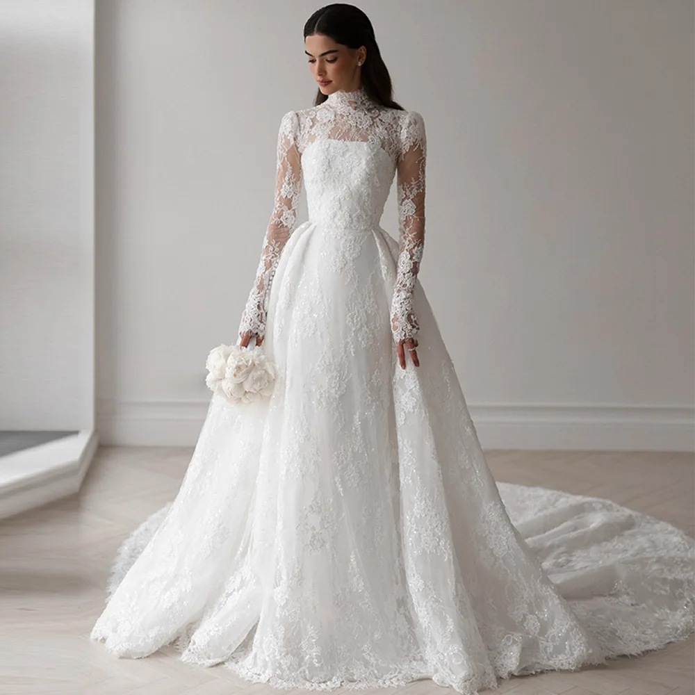 Customized A-Line Chapel Train Wedding Dress Charming High Collar Long Sleeves Robe de mariée Lace Appliques Vestido De Novia