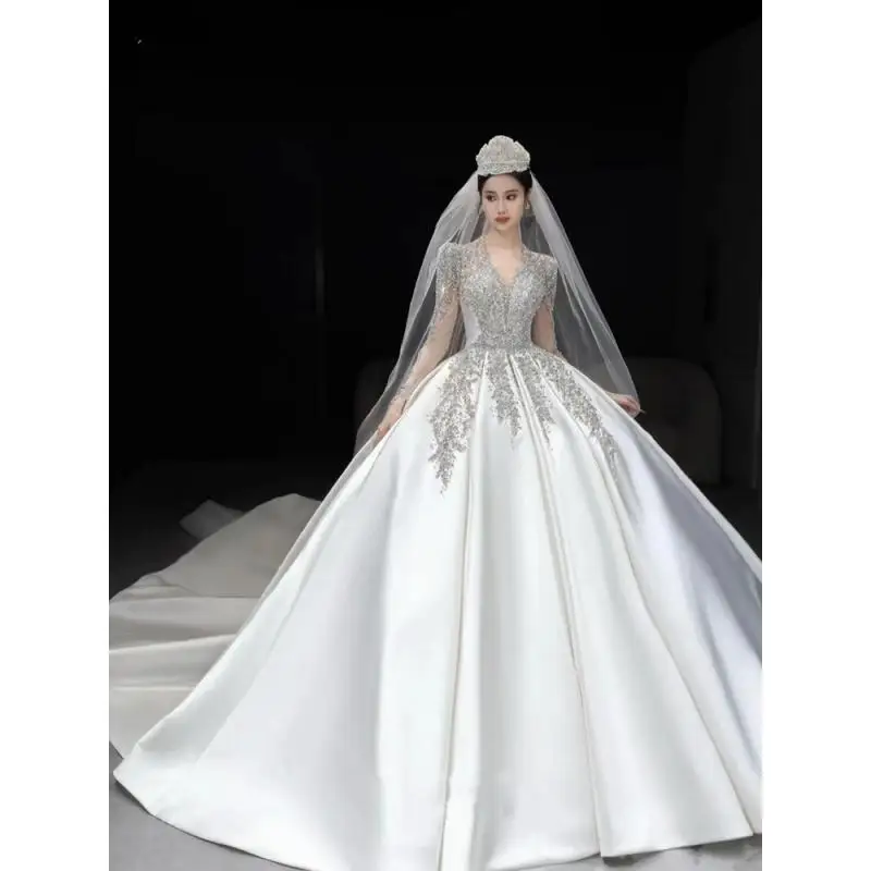 Y&M Long Sleeve V Neck Ivory Satin Wedding Dress 2025 Sweetheart Beaded Ball Gown Customized Bride Princess Vestido De Novia