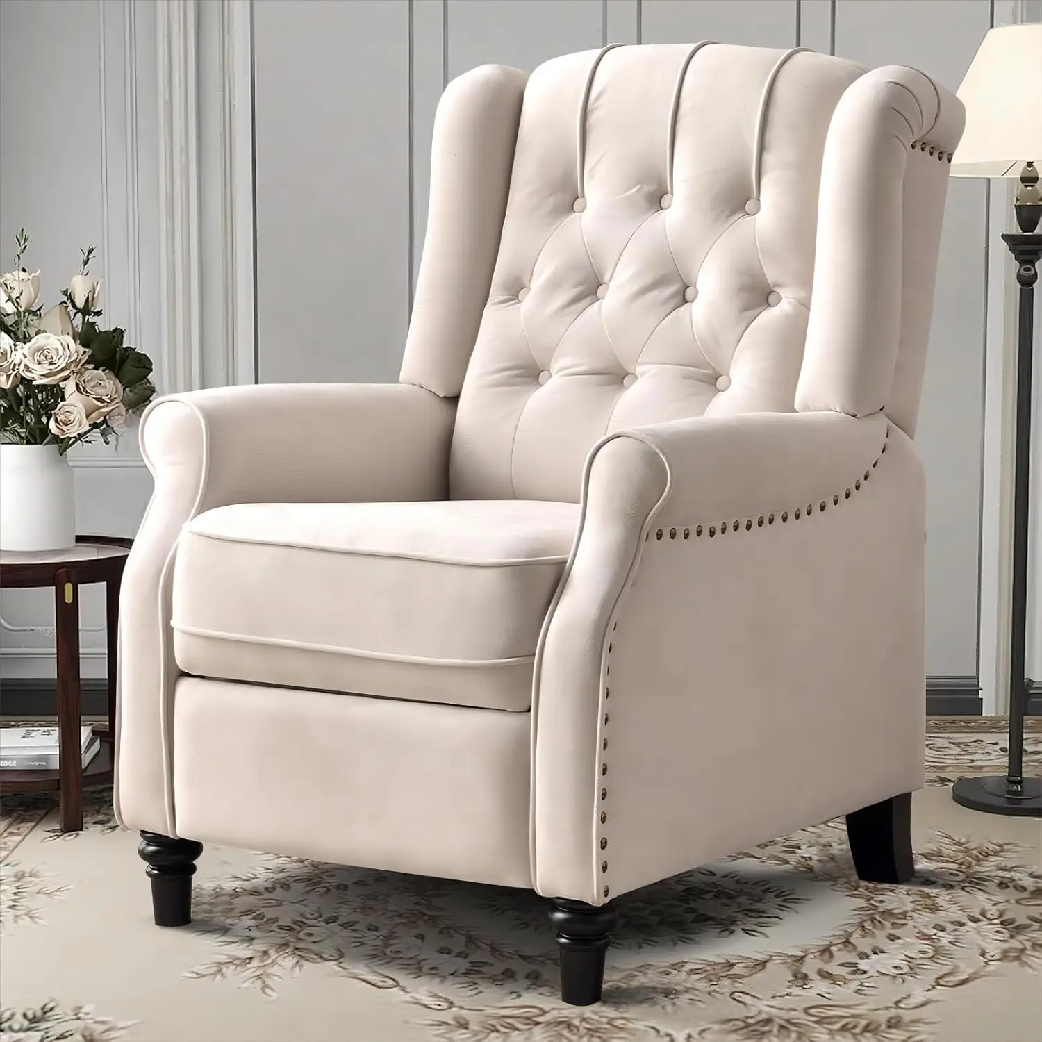 

Pushback Recliner Chair, Fabric Armchair Push Back Recliner with Rivet Decoration, Mid Century Wingback Accent Chair for Living