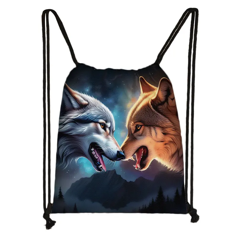 Howling Wolf Under The Moonlight Print Backpack Women Drawstring Bags Outdoor Casual Shoulder Bag for Travel Storage Bags Gift