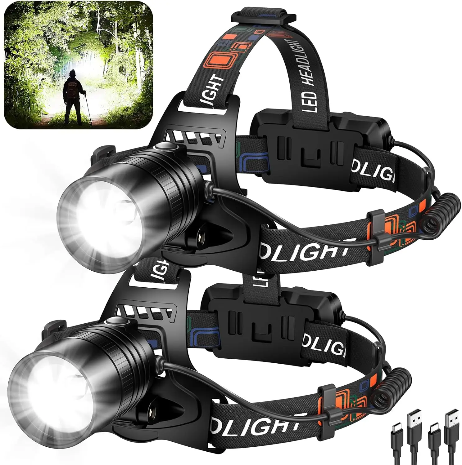 

Rechargeable LED Headlamp 2-Pack, 99000 Lumen Super Bright with 3 Modes, 90° Adjustable, Waterproof for Camping
