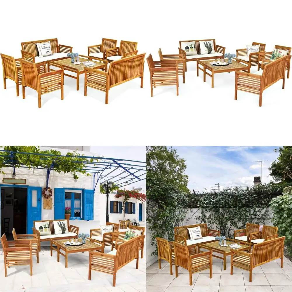 

8 Piece Outdoor Acacia Wood Sofa Set w/Water Resistant Cushions, Padded Patio Conversation Table Chair Set w/Coffee Table for G