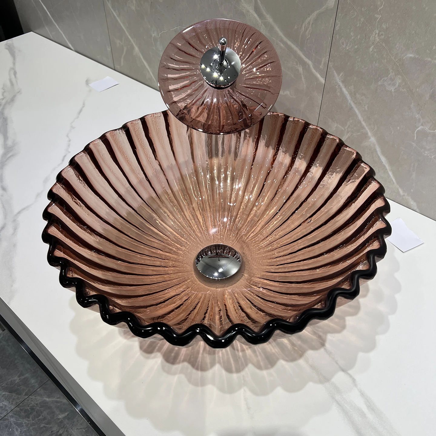 

Transparent green tempered glass washbasin, modern round bathroom countertop basin, creative wave striped art washbasin GN316SY