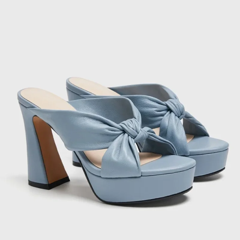 

Platform Leather Corss Tied Slippers Sexy Pointed Toe Square Heel Solid Slip On New Arrivals Fashion Women Modern Shoes