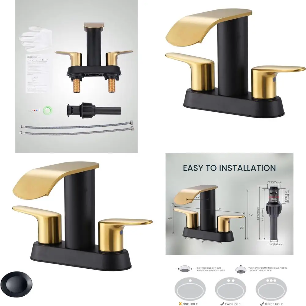 

Modern 4 Centerset Black & Gold Bathroom Sink Faucet with 2/3 Holes and Pop-Up Drain