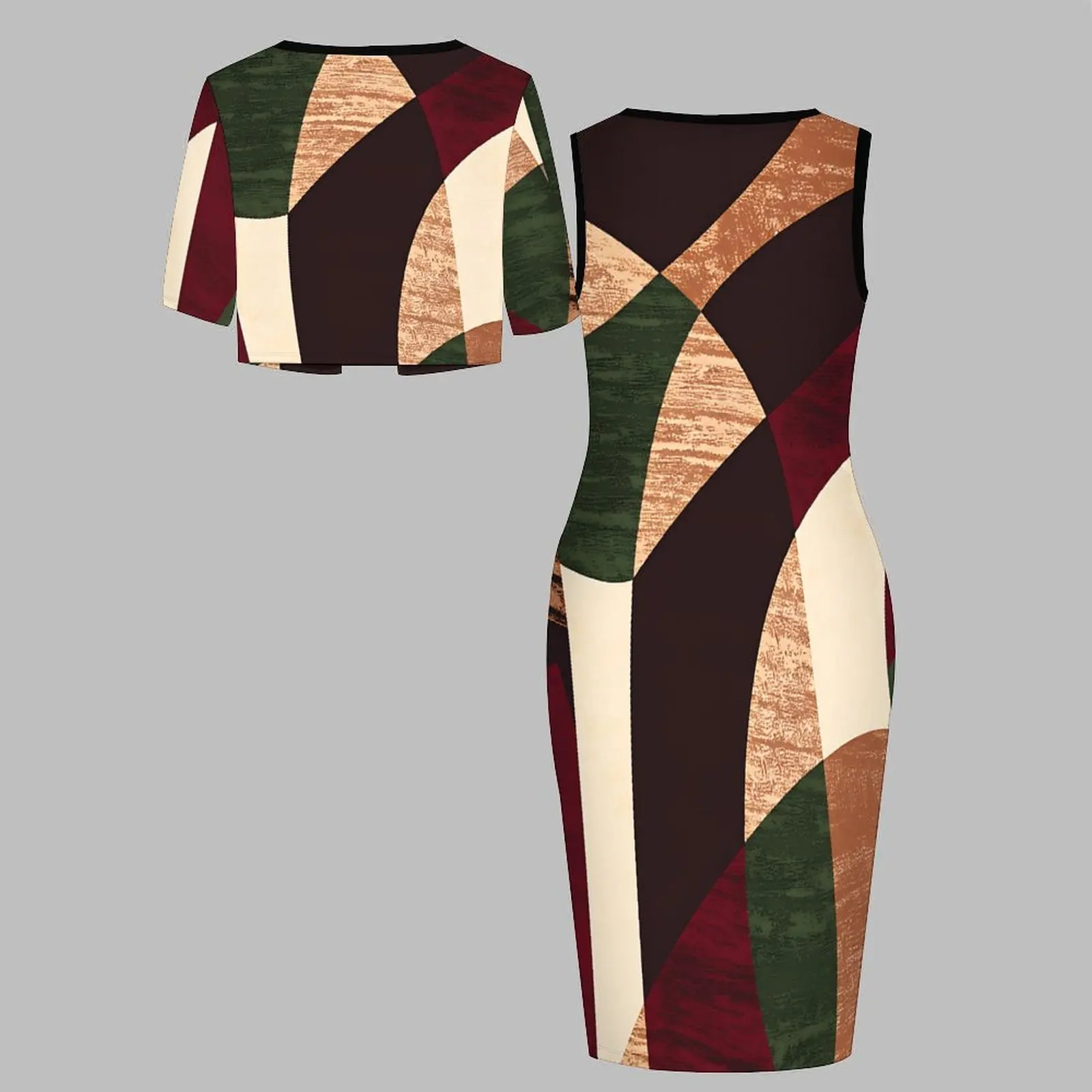 Plus Size 2pcs Women's Fashion Short-sleeved Coat Round-necked Tight Skirts Printed Design Two Piece Set Sleeveless Slim Skirt