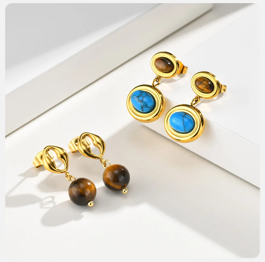 Vnox Trendige Naturstein-Ohrhänger für Damen, vergoldeter Edelstahl, ovale Ohrringe mit natürlichem Türkis, Boho-Schmuck – Detail 6