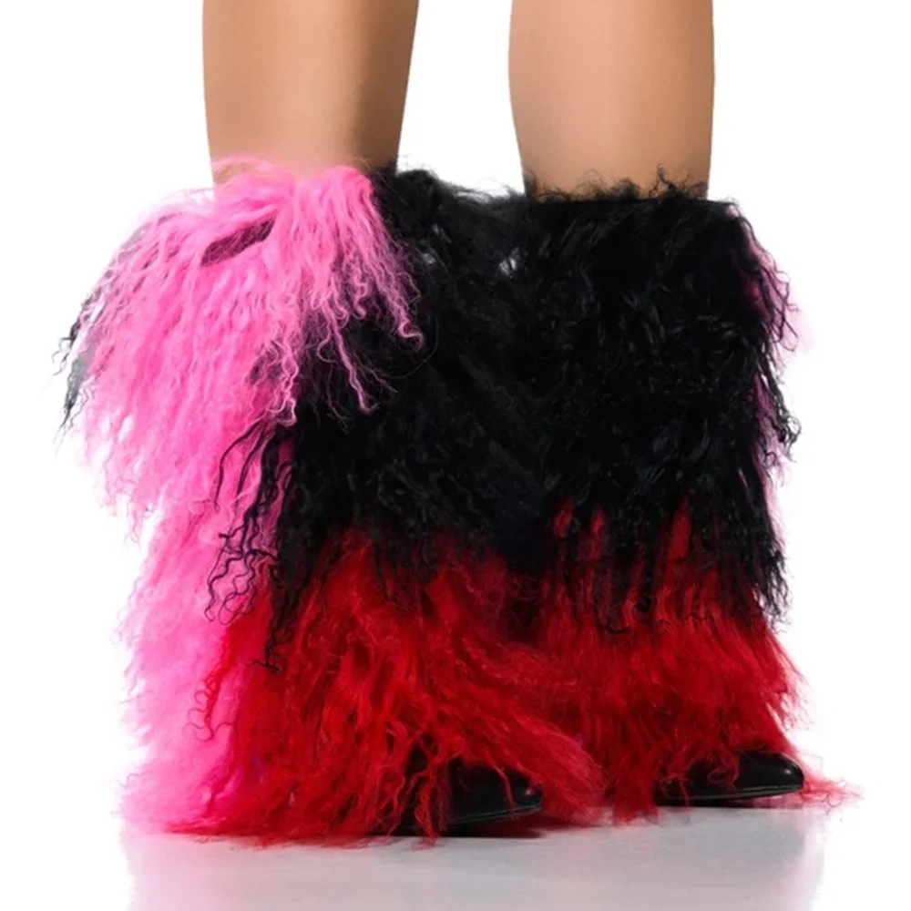 

Tri-Color Curly Faux Fur Platform Ankle Boots Bold Pink/Black/Red Texture Chunky Block Heel Fashion Women's Boots Looks