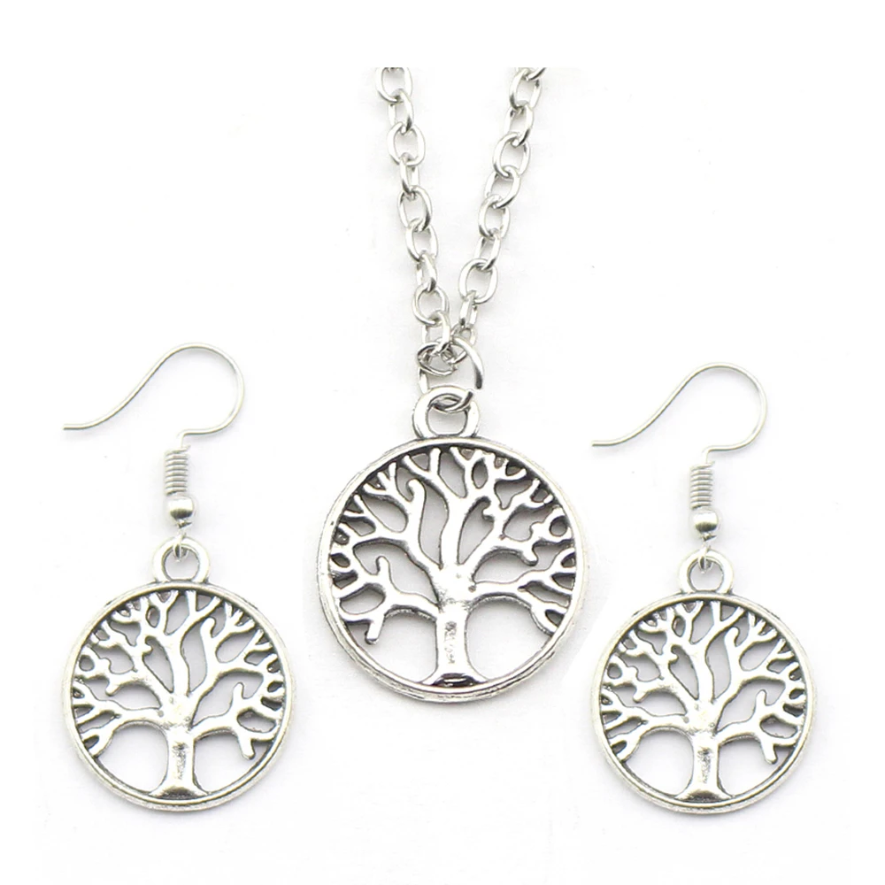 Round Hollow Wishing Tree Pendant Necklace Earrings Set Tree of Life Pendant Fashion Bijoux Collier Elegant Women\'s Jewelry Gift