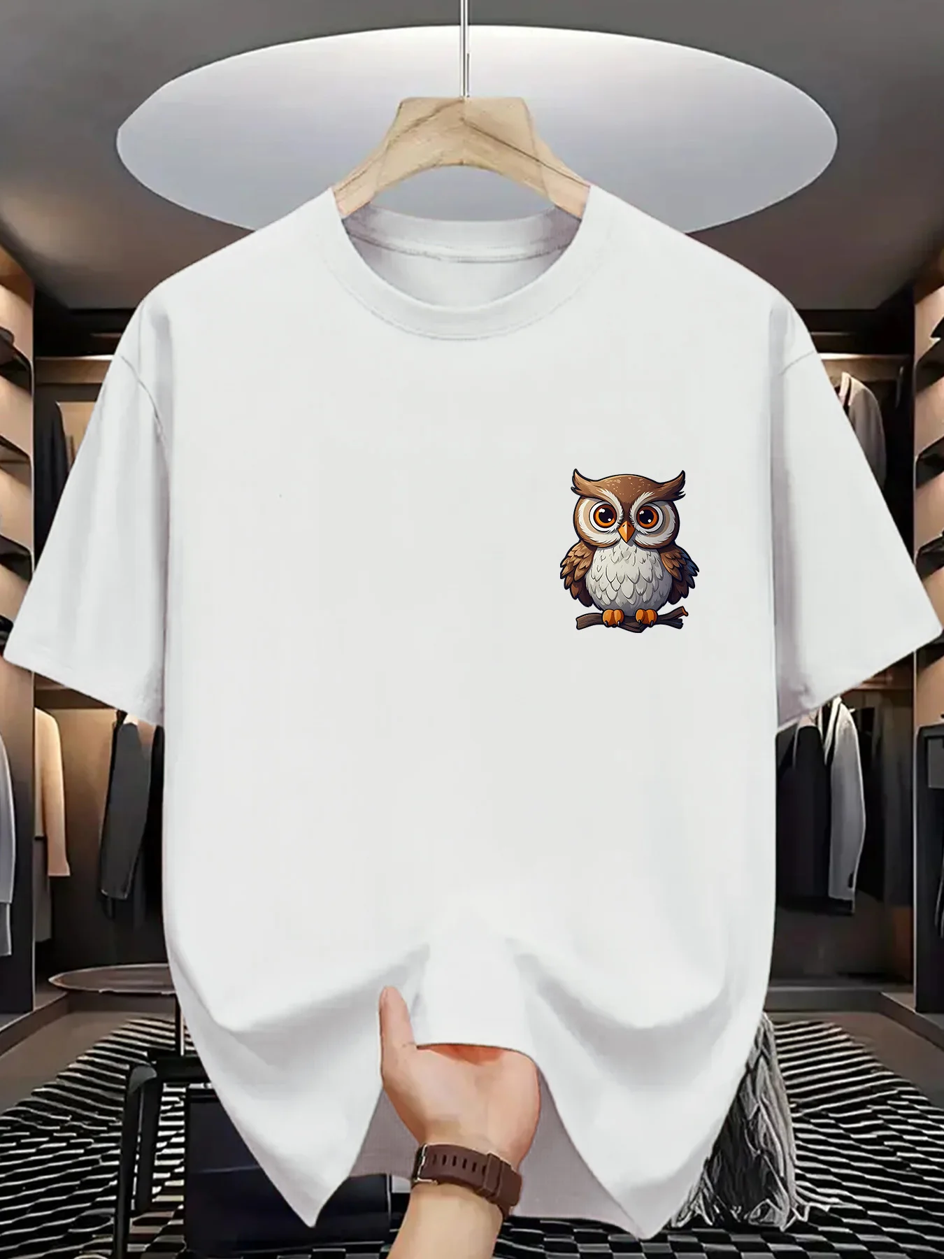 Mini Cartoon Owl Print Men Short Sleeve Tshirt Small Chest Owl On Branch O Neck Tee Animal Style Casual Male Street Fashion Tops