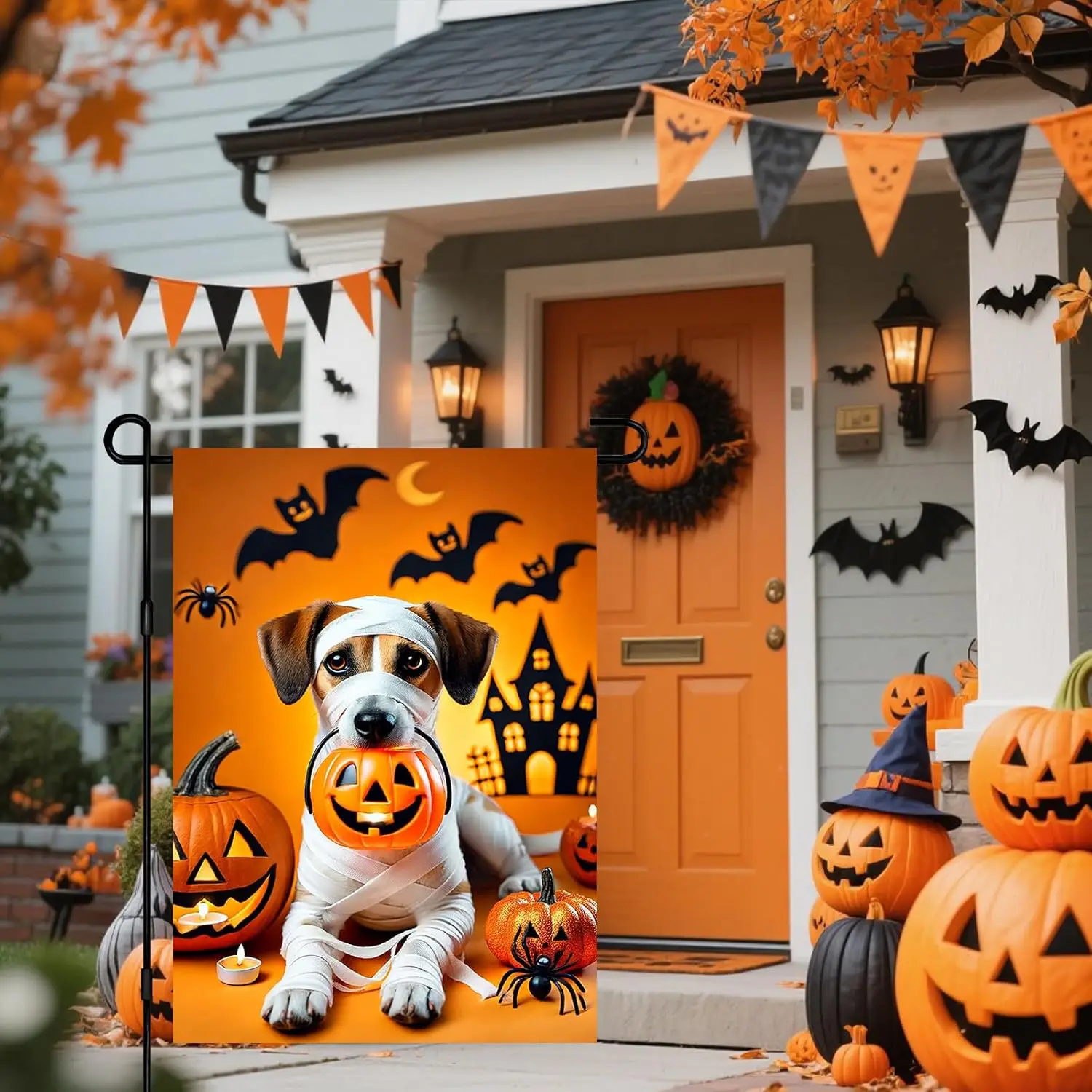 IVN Halloween Garden Flag 12x18 Inch Double Sided Dog Jack Russell Terrier Mummy Pumpkin Candy Trick or Treat Jack O’ Lanter jjp