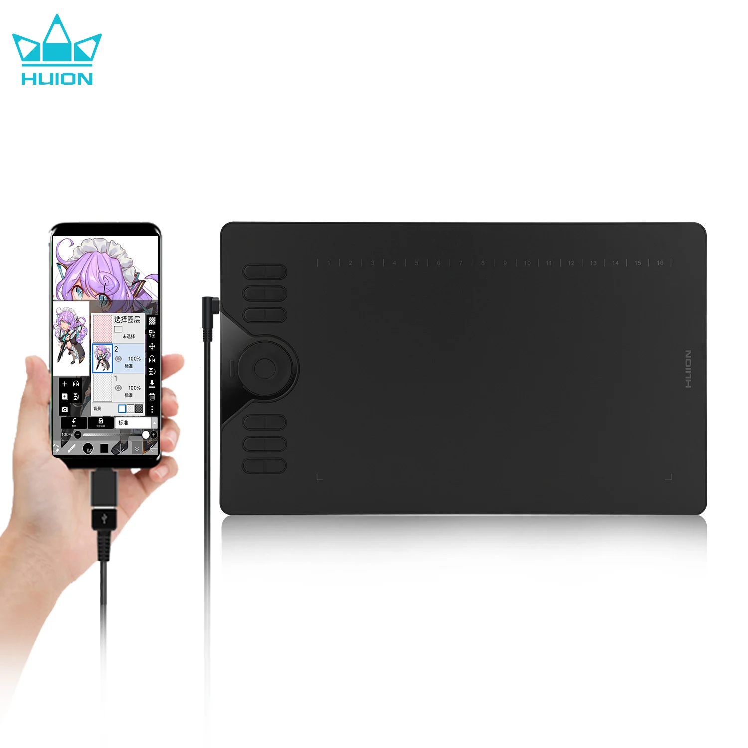 Huion HS610 Graphics Tablet 10x6 Inch with Battery-Free Stylus 12 Express-Keys Compatible with Android Phone Windows MacOS PC