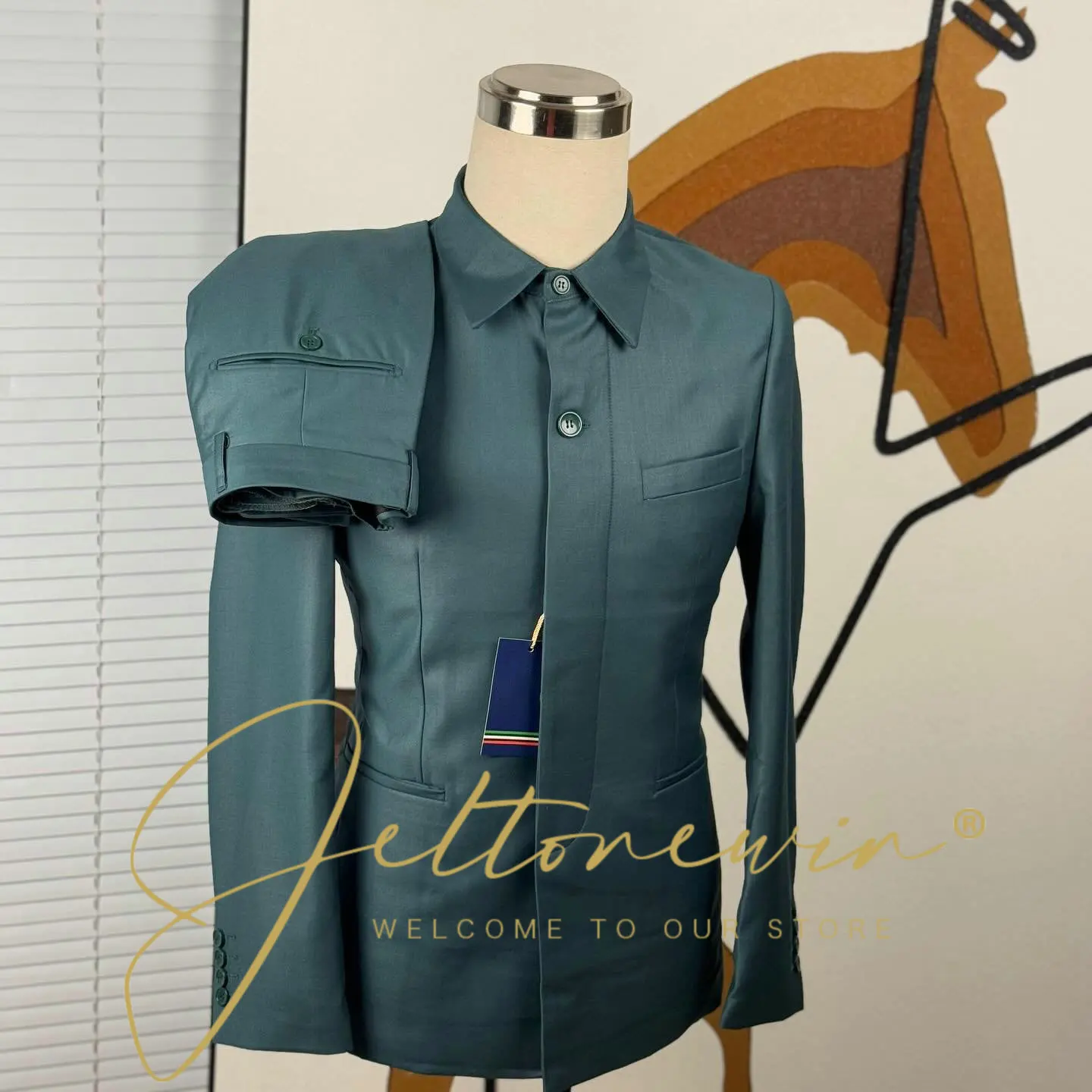 

Men's Teal Green Suit Jacket with Shirt Collar Slim Fit Formal Wear for Wedding Groomsmen Party Event Business Occasion