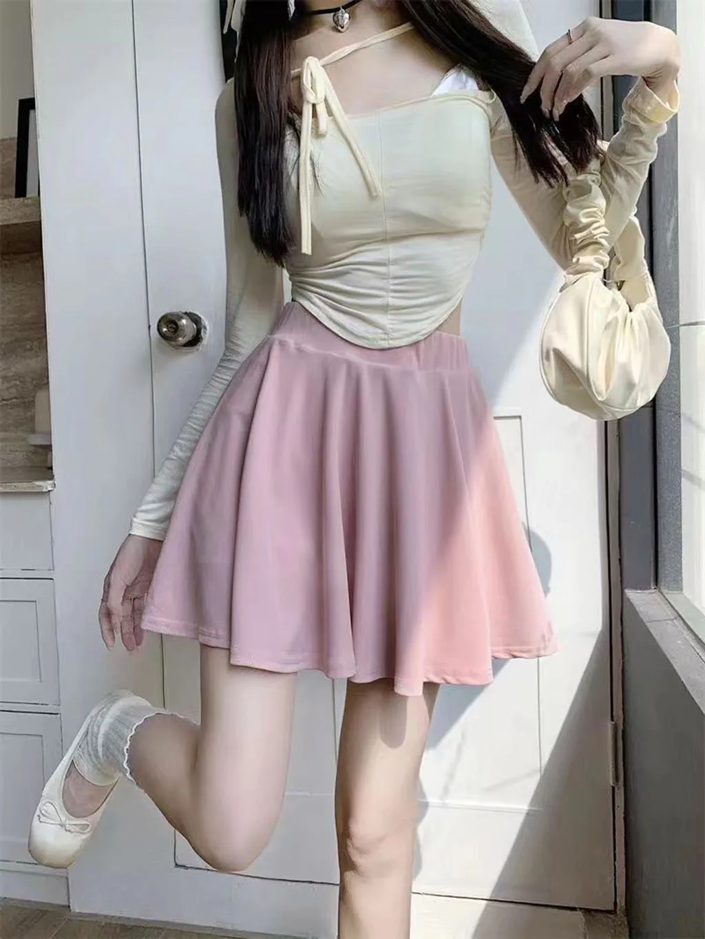 Women's High Waist Flared Mini Skirt Beige Ruffle Hem A-Line Skirt Summer Casual Short Skirt