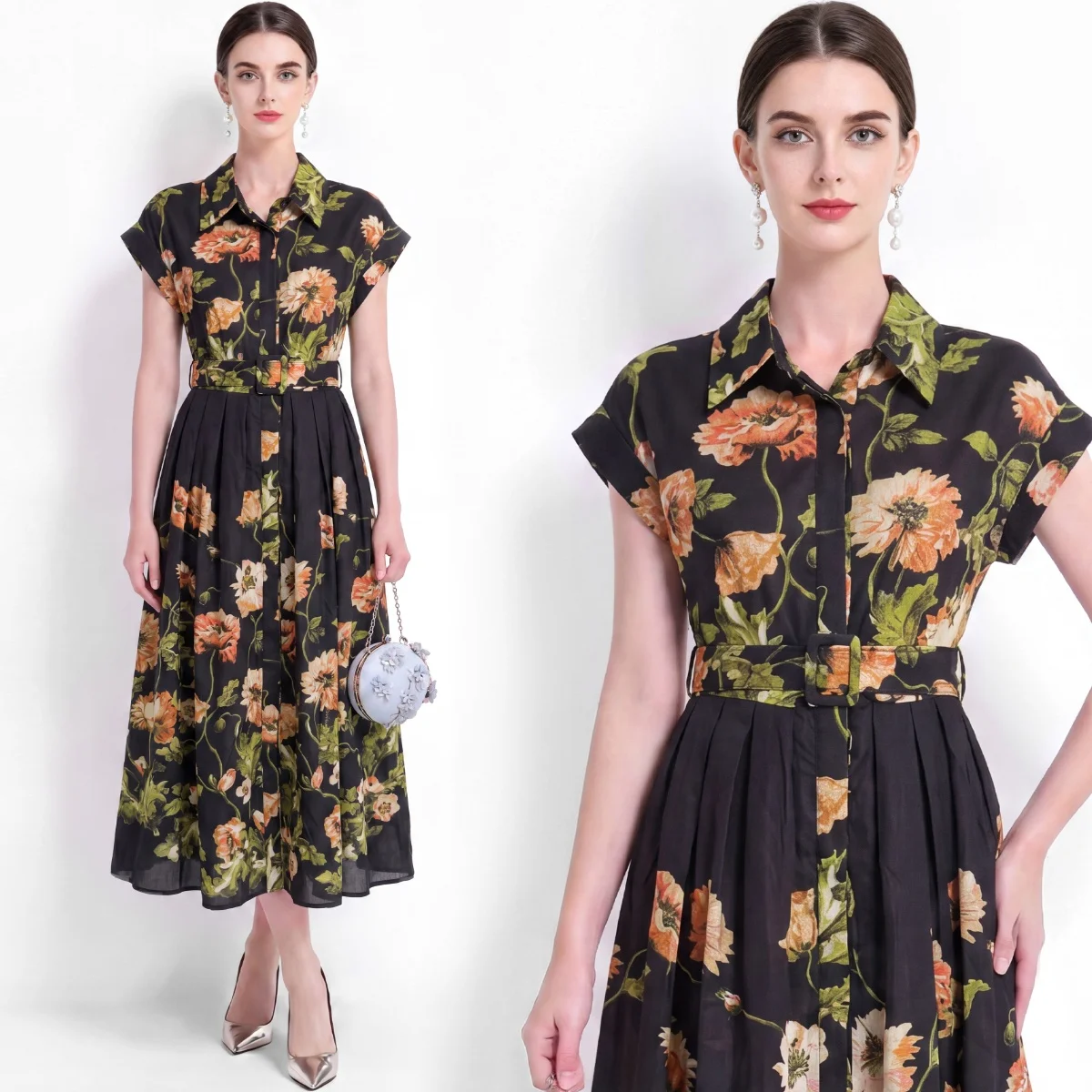 Retro Floral Print Turn-down Collar Long Dress Women's Summer Slimming A-line Skirt High Waist Short Sleeve  Collar Dress