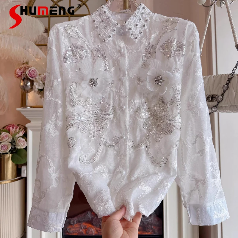 

Women's 2026 Spring New Diamond Decoration Chiffon Blouse Loose Sweet Elegant Shirts Ladies Nice Long Sleeve Sparkling Shirts