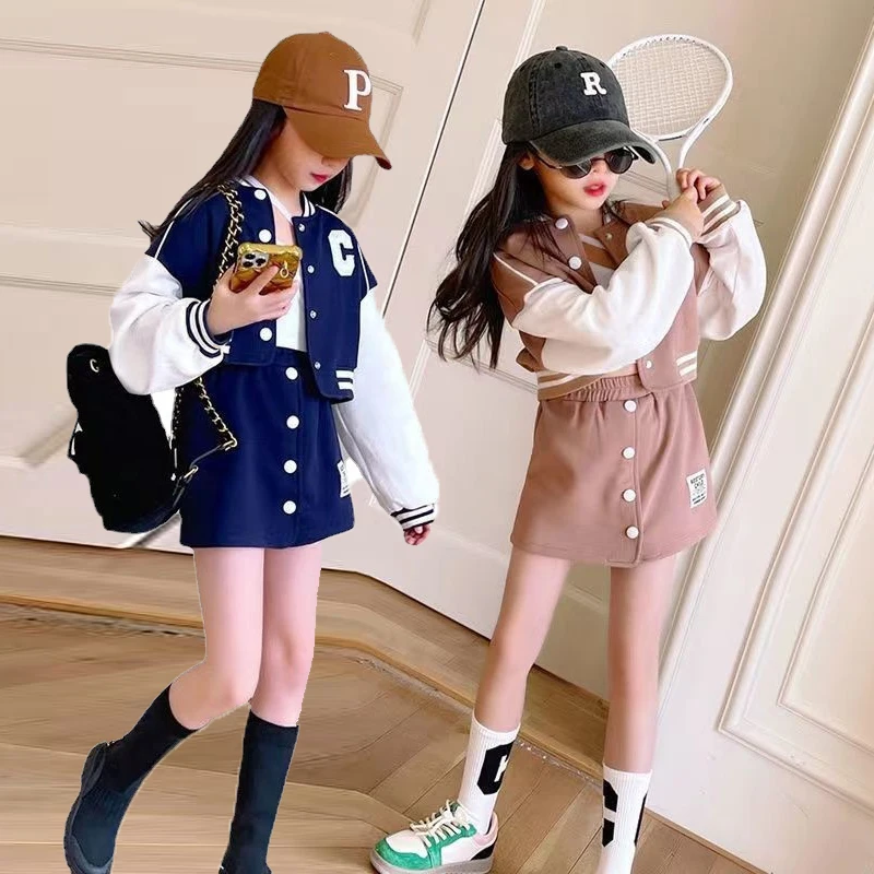 Teens Girls Clothing Sets Autumn Sports Suit Kids Long Sleeved Baseball Jacket Short Skirt 2Pcs Korean Version Girls Tracksuit