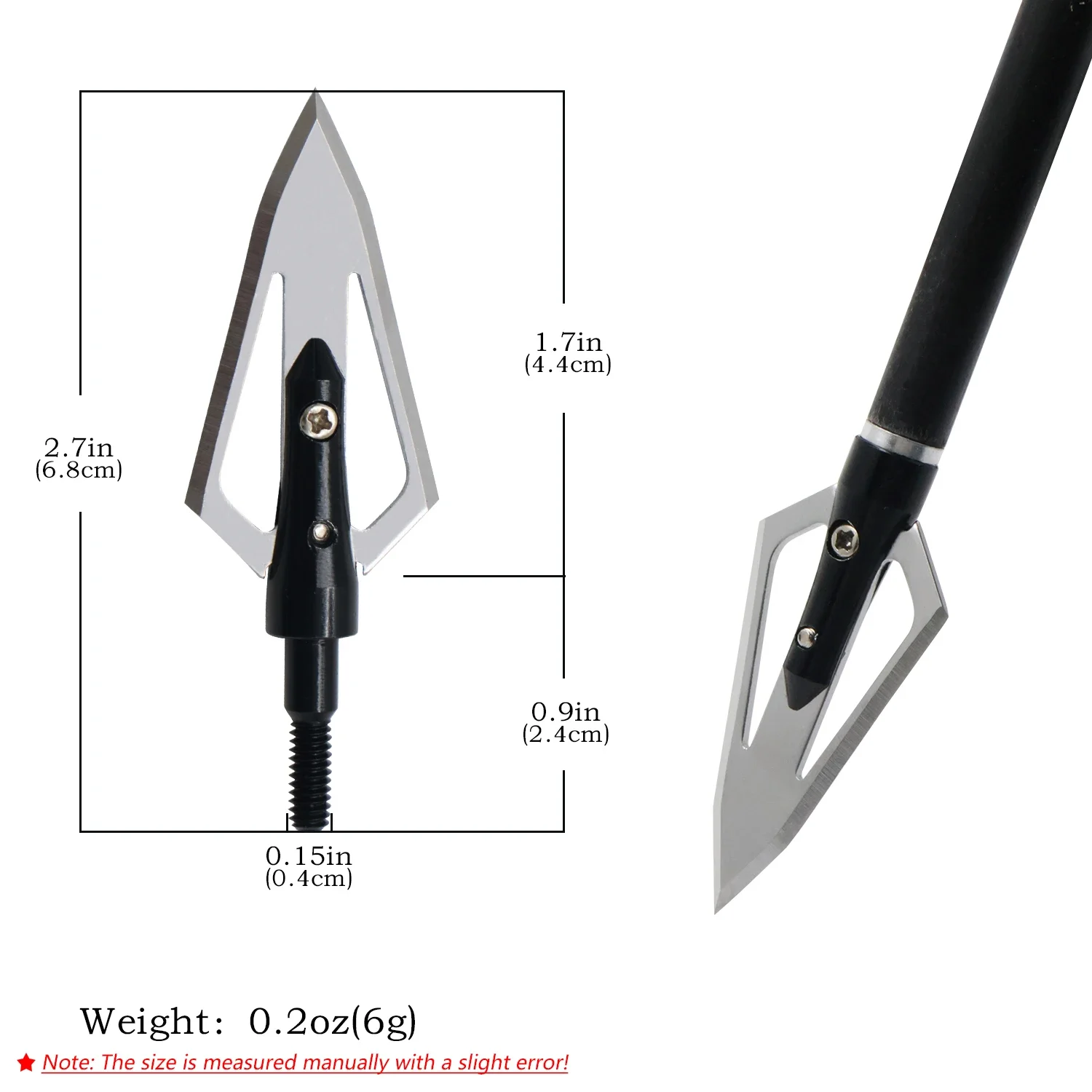 Dual Blade Fixed Broadhead Two Sharp Cutting Edges Wide Triangle Head Threaded Base One Piece for Compound Bow Hunting Arrows