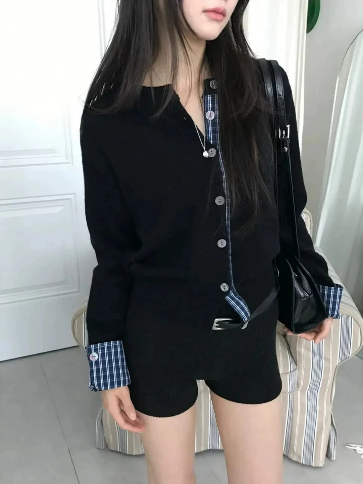 

Spring Knitted Long Sve Cardigan Women's Soft Polyester Plaid Splicing Open Front Casual Comfortable Breathable Outerwear