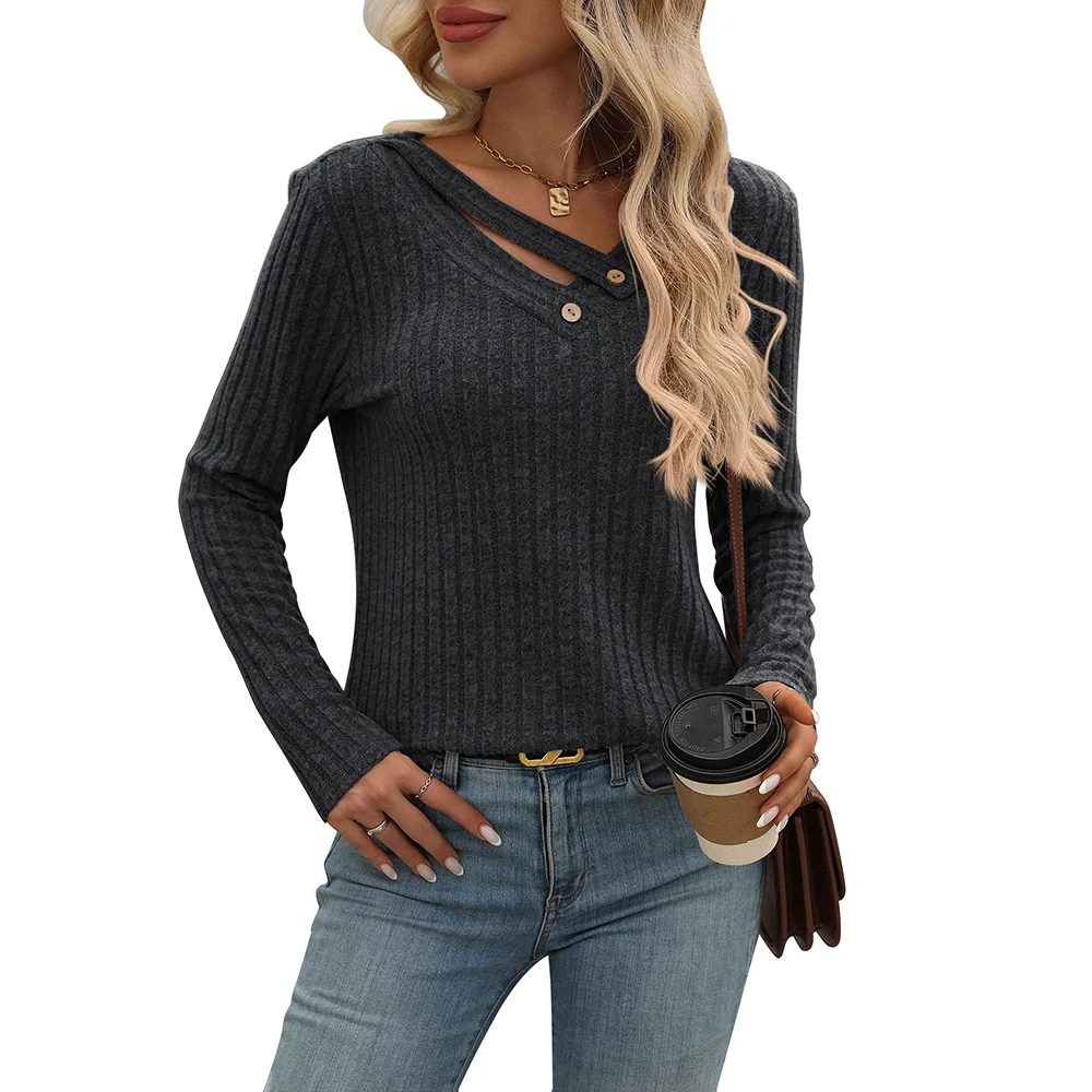 New Fashion V-neck Buttons Tops Womens Autumn Winter Casual Long Sleeve T-shirts Ladies Solid Color Basic Knitted Tees