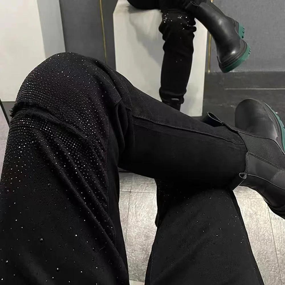 Mens Jeans Slim Hot Stamping Rhinestones Ripped Jeans Stretch Shiny Starry Trendy Rock Style Stage Skinny Pants Men'S Wear 2024