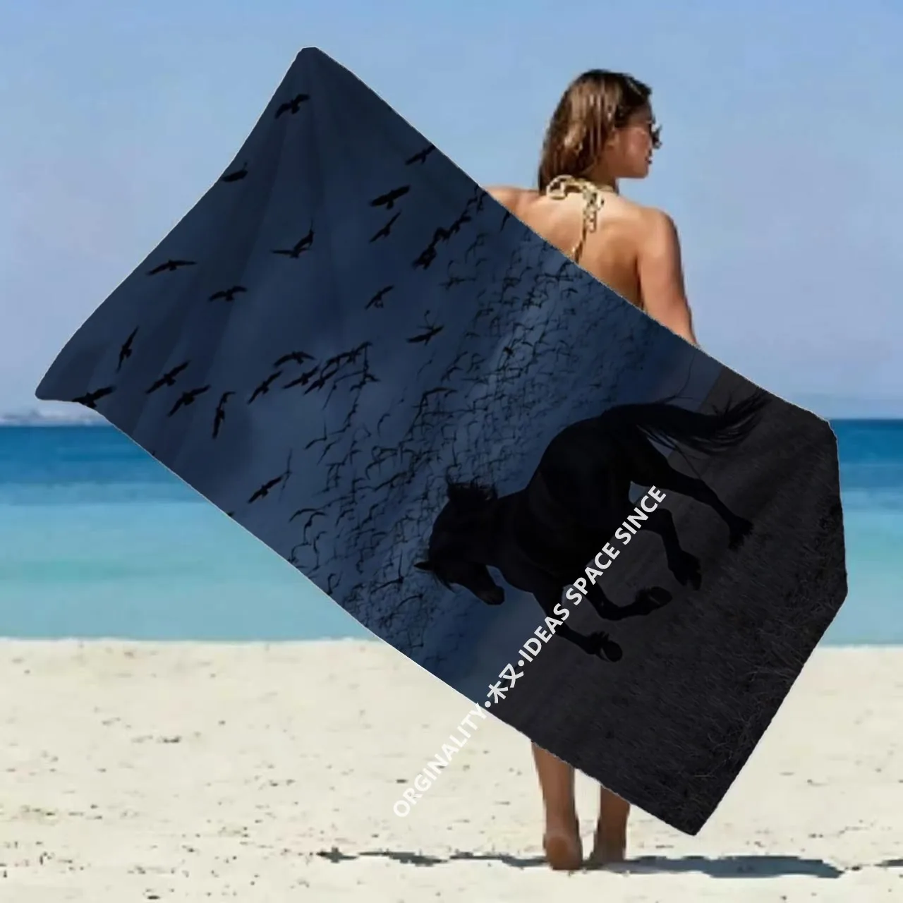 Wild Horse & Crow Beach Towel Patterned Sunscreen And Windproof Suitable For Swimming Pool Camping Travel