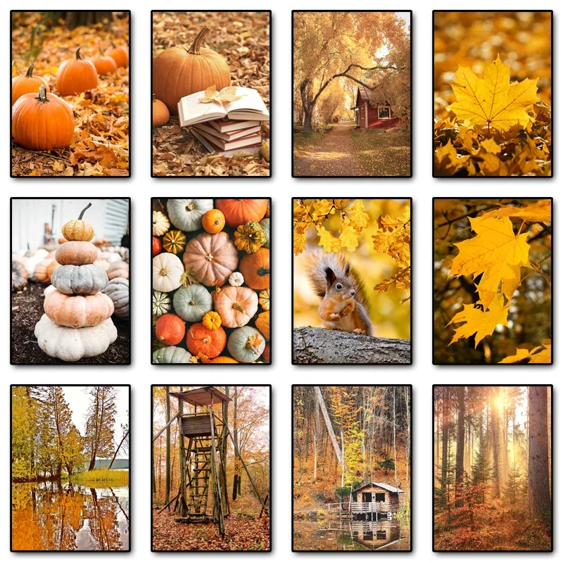 (No frame)1pcsAutumn Decoration Canvas Poster Yellow Leaves Fall View Wall Art Print Pumpkin Painting Halloween Picture Livin