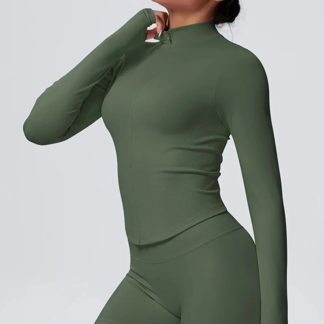 

Женская бесшовная куртка для йоги с плотным воротником-стойкой и длинными рукавами на молнии, уличная одежда для бега, тренировок, спортивная одежда для тренажерного зала и фитнеса