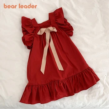 Bear Leader Sommer Mädchen Kleider Fliegende Ärmel Kleid Lässige Rüschen Kleider Solide Zurück Bowknot A-linie Baby Kleider Kinder Kleidung